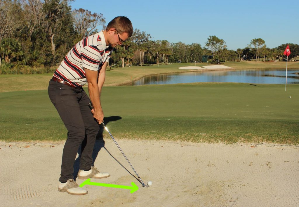 Move a little away from the ball in the bunker. This creates room for the hands during impact. 