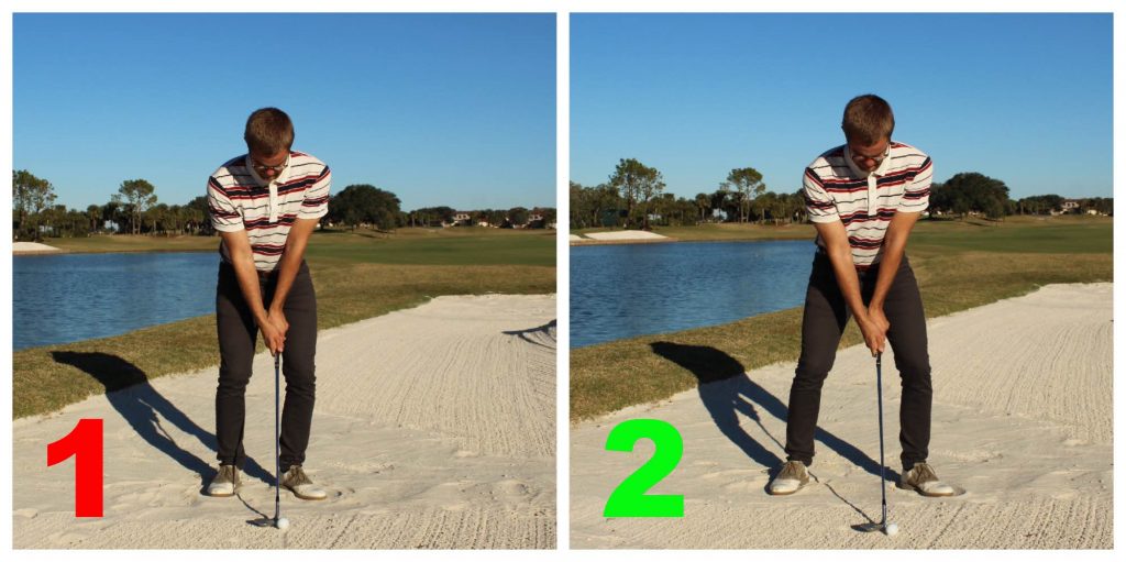 A wider stance in the bunker helps you with lowering the body, and creates a more stable lower body, which both are good things in the sand. 